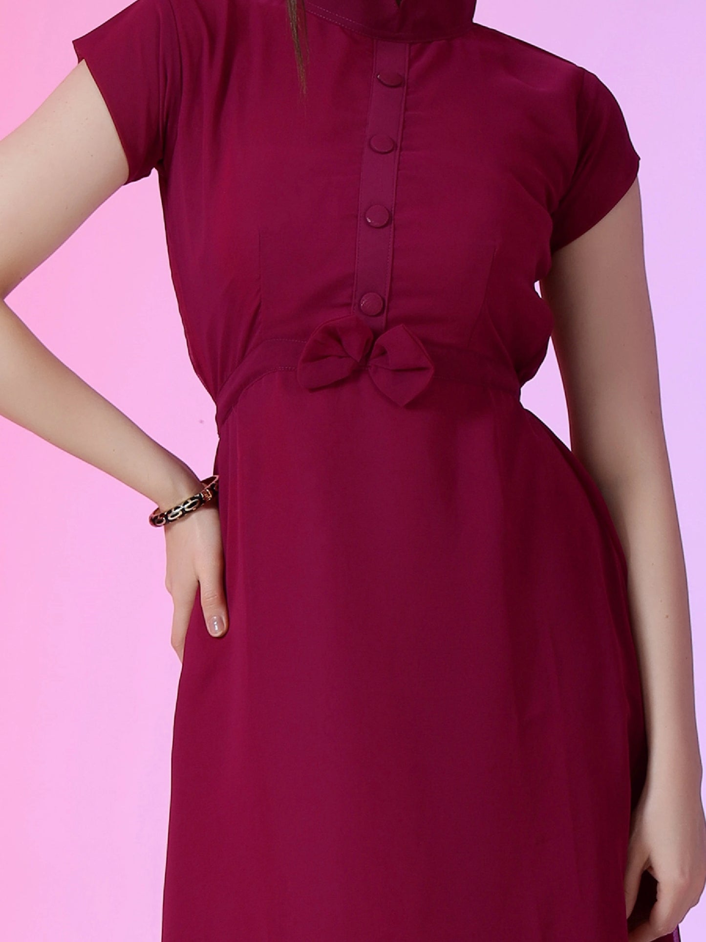 Women's Elegant Mandarin Collar Chiffon Maxi Dress with Waist Bow