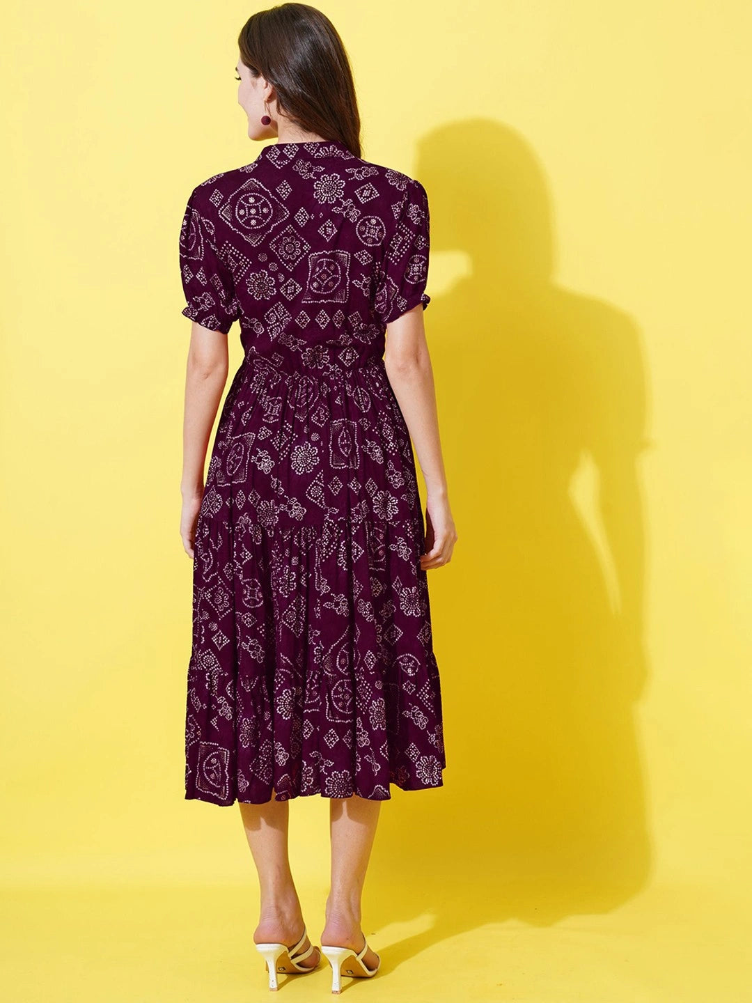 Women's Printed Tiered Midi Dress with Drawstring Waist & Puff Sleeves