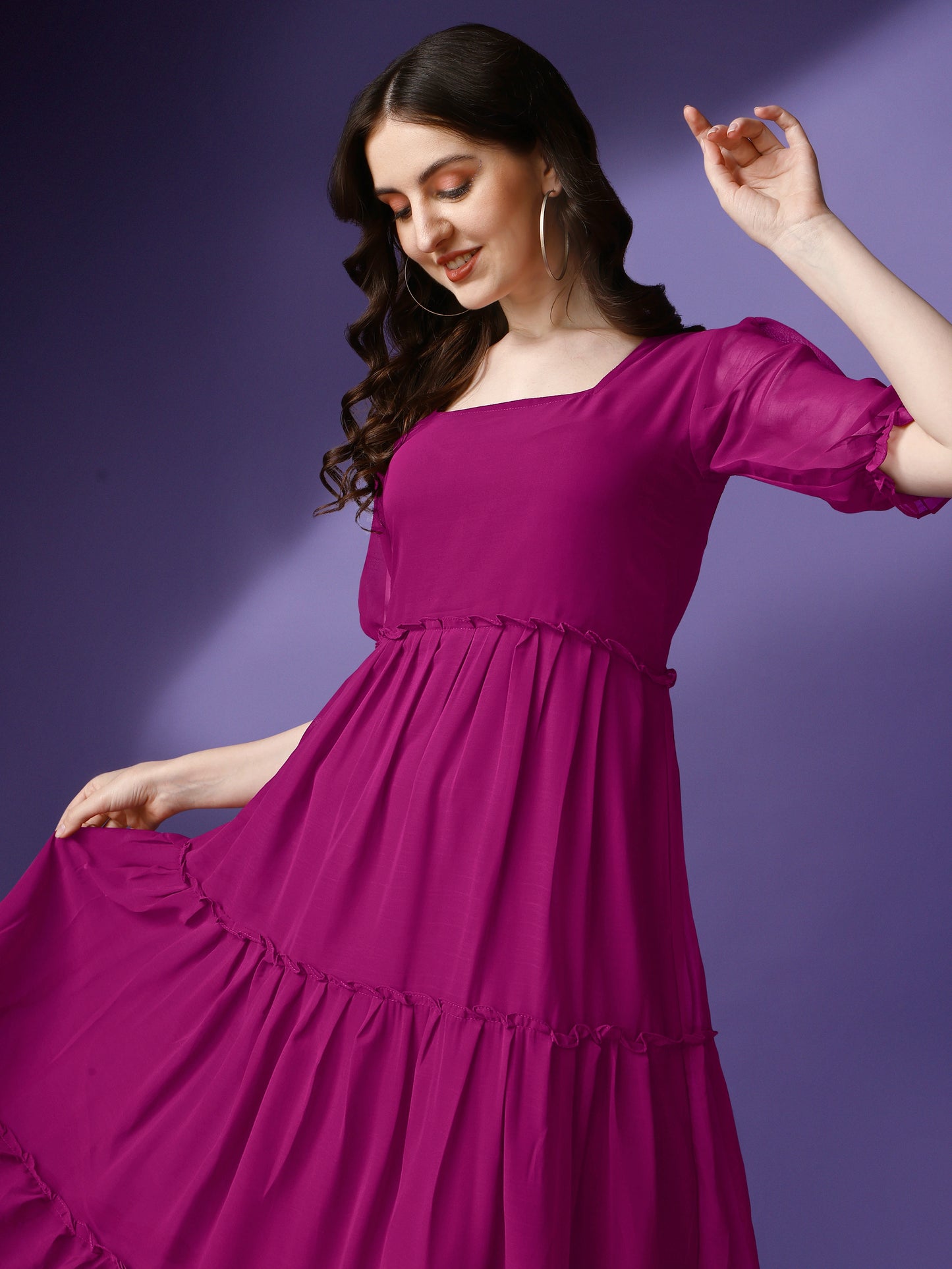 Women's Tiered Square Neck Maxi Dress with Puff Sleeves