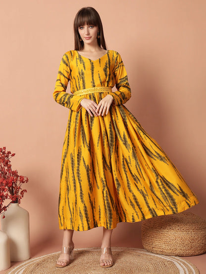 Women's Yellow Printed Flared Maxi Dress with Waist Detail