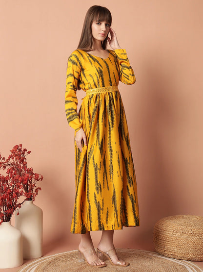 Women's Yellow Printed Flared Maxi Dress with Waist Detail
