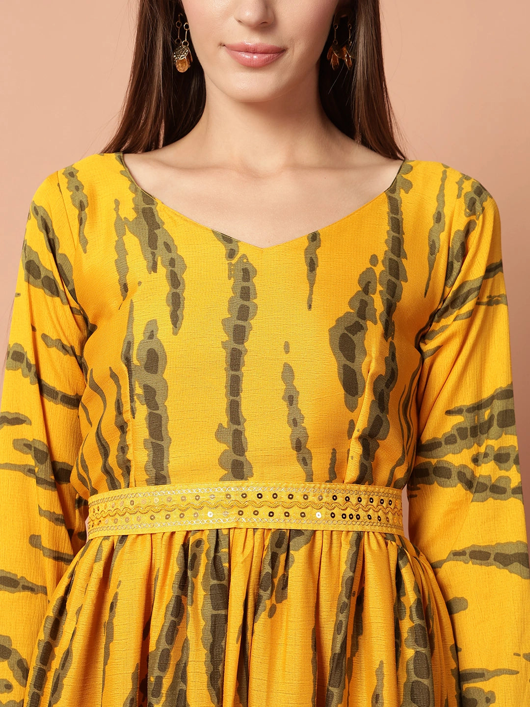 Women's Yellow Printed Flared Maxi Dress with Waist Detail