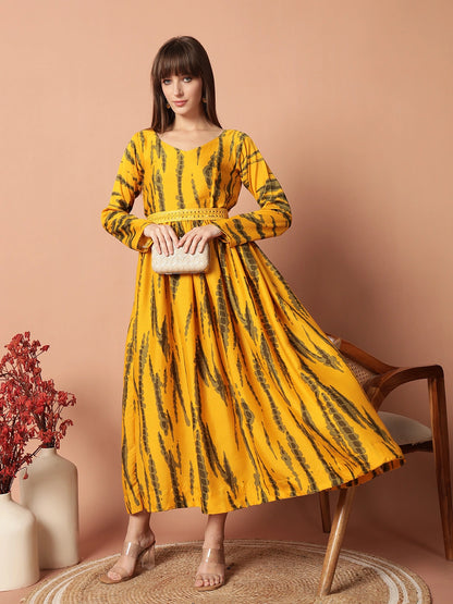 Women's Yellow Printed Flared Maxi Dress with Waist Detail