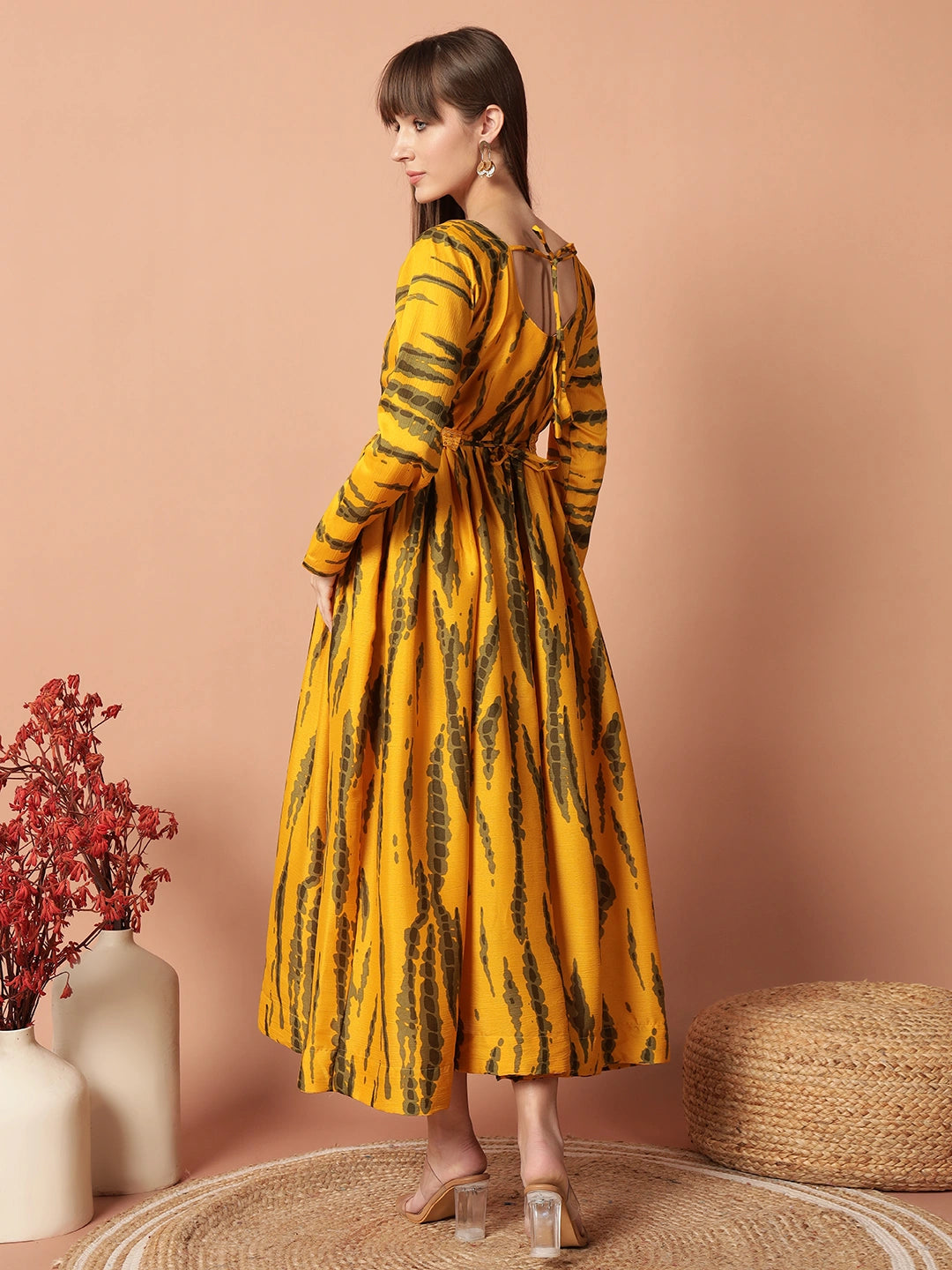 Women's Yellow Printed Flared Maxi Dress with Waist Detail