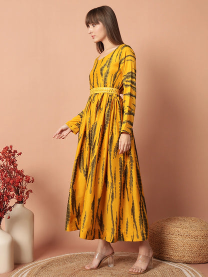 Women's Yellow Printed Flared Maxi Dress with Waist Detail